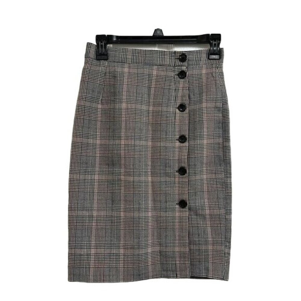 H&M Plaid Pencil Skirt Knee-length Button Up Taupe Sz 2 Buttons Side Slit Office